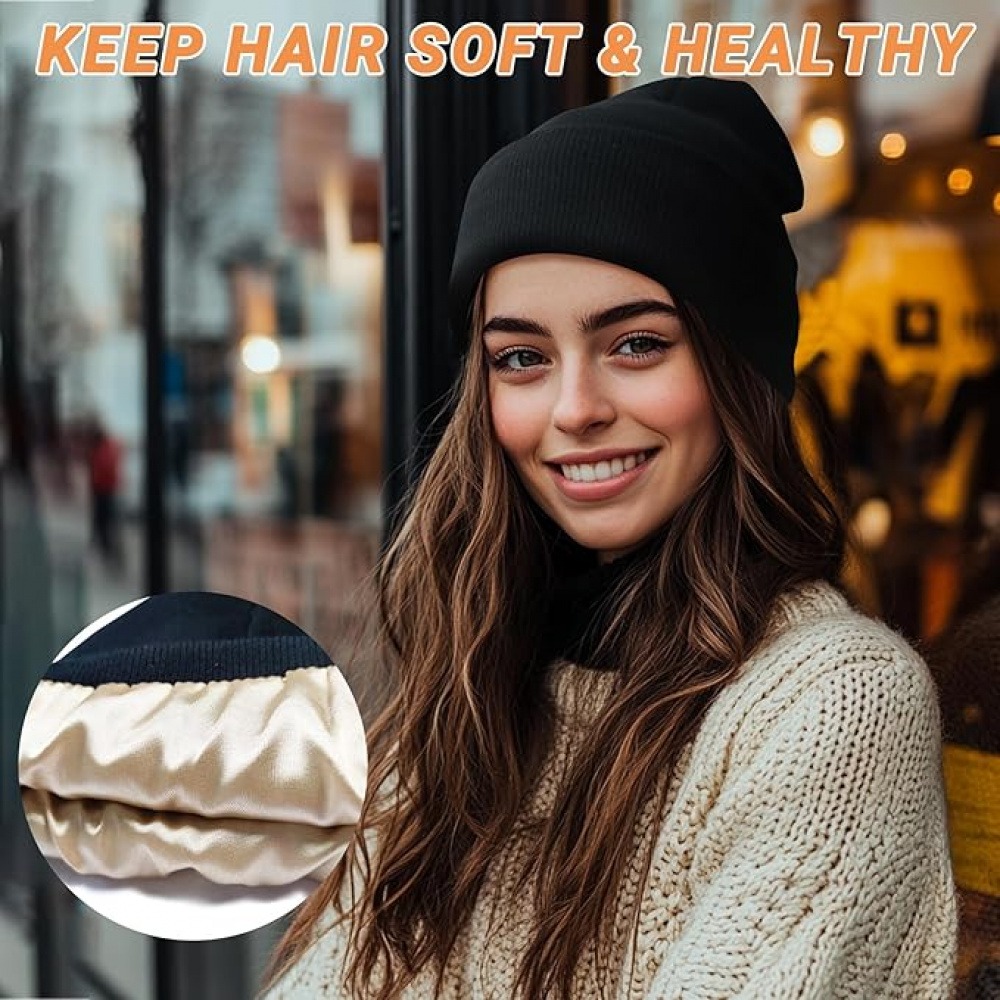 Beanie Cuffed Knit - قبعة شتوية منسوجة مبطنة بالساتان للجنسين،