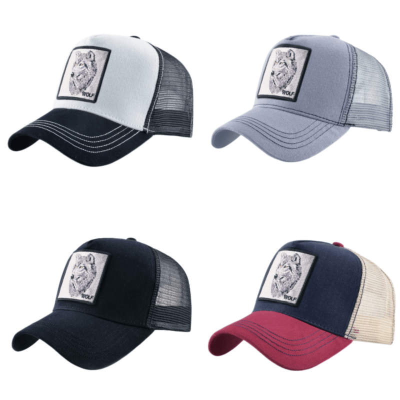 Trucker Cap Mesh - قبعة بيسبول شبكية مطرزة بتصميم ذئب،