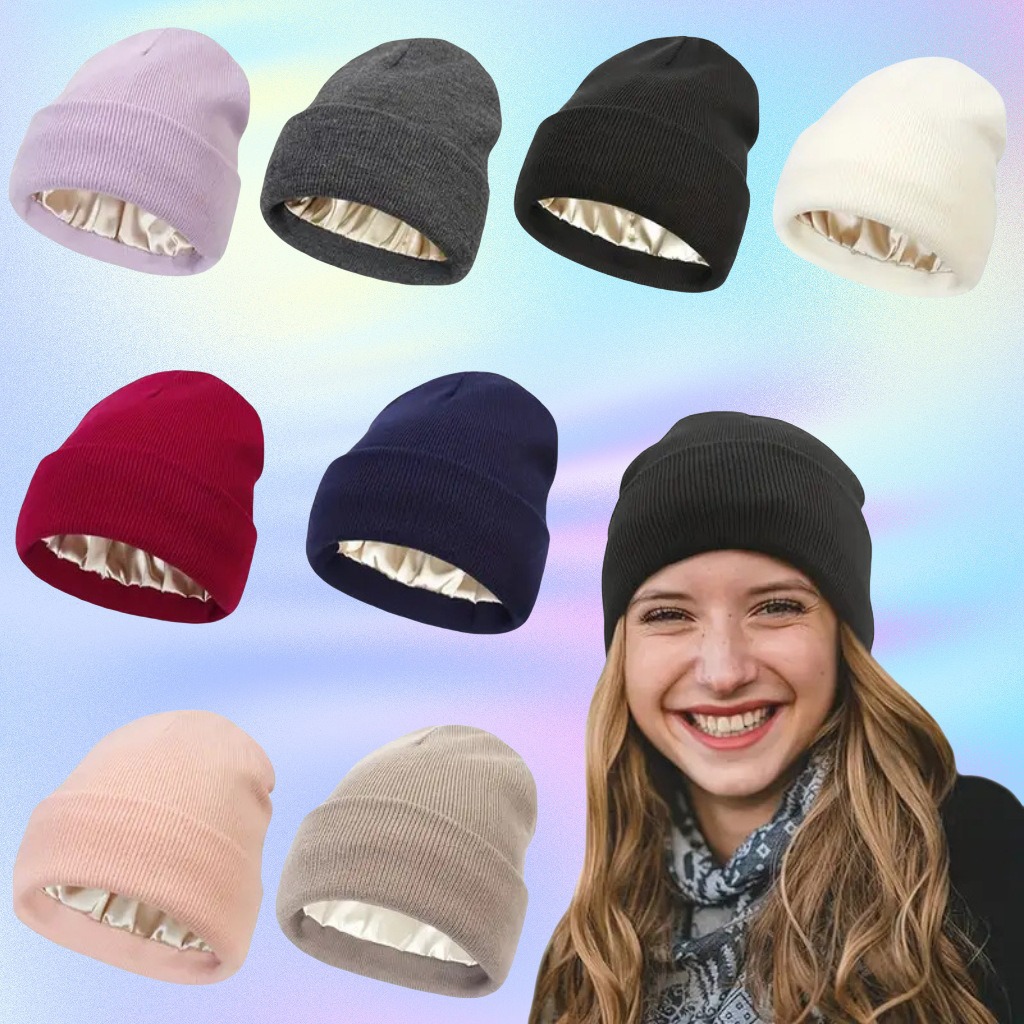 Beanie Cuffed Knit - للجنسين الساتان اصطف مكافحة ساكنة قبعة